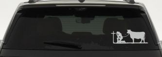 Cowgirl Kneeling At The Cross With Cow Christian Car or Truck Window Decal Sticker (Light Gray)