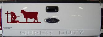 Cowgirl Kneeling At The Cross With Cow Christian Car or Truck Window Vinyl Decal Sticker (Purple Red)
