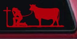 Cowgirl Kneeling At The Cross With Cow Christian Car or Truck Window Decal Sticker (Red)