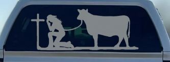 Cowgirl Kneeling At The Cross With Cow Christian Car or Truck Window Decal Sticker (Telegrey)