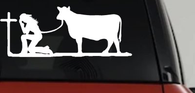 Cowgirl Kneeling At The Cross With Cow Christian Car or Truck Window Vinyl Decal Sticker