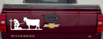 Cowgirl Kneeling At The Cross With Cow Christian Car or Truck Window Vinyl Decal Sticker (White)