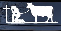 Cowgirl Kneeling At The Cross With Cow Christian Car or Truck Window Decal Sticker