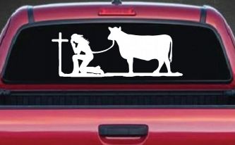 Cowgirl Kneeling At The Cross With Cow Christian Car or Truck Window Decal Sticker