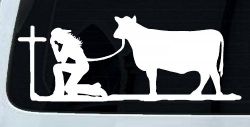 Cowgirl Kneeling At The Cross With Cow Christian Car or Truck Window Decal Sticker