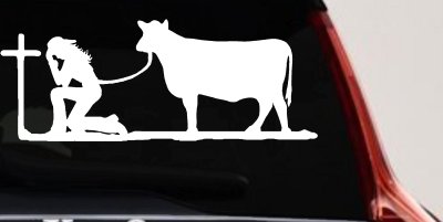 Cowgirl Kneeling At The Cross With Cow Christian Car or Truck Window Vinyl Decal Sticker