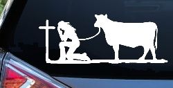 Cowgirl Kneeling At The Cross With Cow Christian Car or Truck Window Decal Sticker