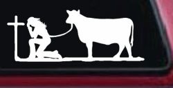 Cowgirl Kneeling At The Cross With Cow Christian Car or Truck Window Decal Sticker