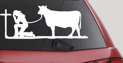 Cowgirl Kneeling At The Cross With Cow Christian Car or Truck Window Vinyl Decal Sticker