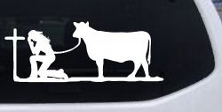 Cowgirl Kneeling At The Cross With Cow Christian Car or Truck Window Decal Sticker
