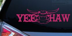Yee Haw with Longhorn Skull Country Car or Truck Window Decal Sticker (Hot Pink)