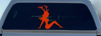 Mudflap Girl with Deer Horns Hunting Car or Truck Window Vinyl Decal Sticker (Orange Red)