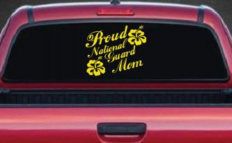 Proud National Guard Mom Hibiscus Flowers Military Car or Truck Window Decal Sticker (Yellow)