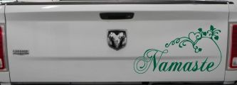 Namaste with Swirls and Hearts Yoga Car or Truck Window Vinyl Decal Sticker (Dark Green)