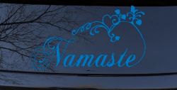 Namaste with Swirls and Hearts Yoga Car or Truck Window Decal Sticker (Sky Blue)