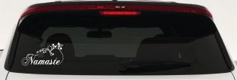 Namaste with Swirls and Hearts Yoga Car or Truck Window Decal Sticker (White)