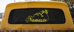 Namaste with Swirls and Hearts Yoga Car or Truck Window Decal Sticker (Yellow)
