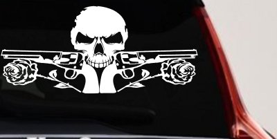 Roses Guns With Skull Biker Car or Truck Window Vinyl Decal Sticker (White)