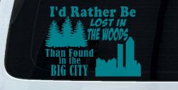 I'd Rather Be Lost In The Woods Than Found In The Big City Country Nature hiking and Hunting Car or Truck Window Decal Sticker (Turquoise Blue)