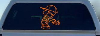 Calvin Peeing Pee Ons Car or Truck Window Decal Sticker (Orange)