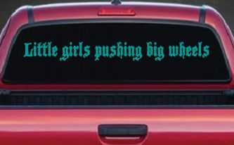Little Girls Pushing Big Wheels Off Road Car or Truck Window Vinyl Decal Sticker (Turquoise)