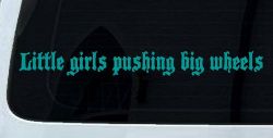 Little Girls Pushing Big Wheels Off Road Car or Truck Window Vinyl Decal Sticker (Turquoise)