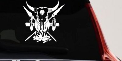 Bull Skull Spears Campfire Feathers Western Native American Indian Car or Truck Window Vinyl Decal Sticker