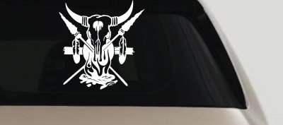 Bull Skull Spears Campfire Feathers Western Native American Indian Car or Truck Window Vinyl Decal Sticker