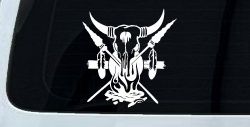 Bull Skull Spears Campfire Feathers Western Native American Indian Car or Truck Window Decal Sticker