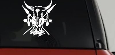 Bull Skull Spears Campfire Feathers Western Native American Indian Car or Truck Window Vinyl Decal Sticker