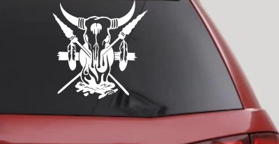 Bull Skull Spears Campfire Feathers Western Native American Indian Car or Truck Window Vinyl Decal Sticker