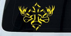 Cross With Doves Christian Car or Truck Window Vinyl Decal Sticker (Yellow)