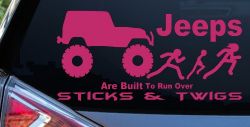 Jeep Running Over Stick Family Off Road Car or Truck Window Decal Sticker (Hot Pink)