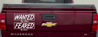 Wanted By Men Feared By Deer Hunting Car or Truck Window Decal Sticker (White)