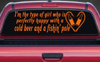 Type Of Girl Who Is Happy With Beer And Fishing Car or Truck Window Vinyl Decal Sticker (Orange)