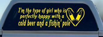 Type Of Girl Who Is Happy With Beer And Fishing Car or Truck Window Vinyl Decal Sticker (Yellow)