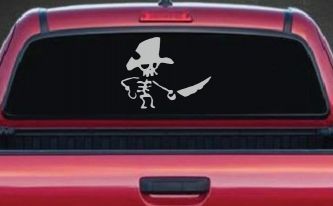 Pirate Skeleton WIth Hook Hand Sword In Front Skulls Car or Truck Window Decal Sticker (Light Gray)