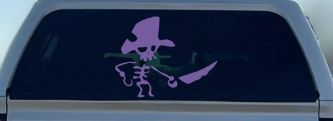 Pirate Skeleton WIth Hook Hand Sword In Front Skulls Car or Truck Window Vinyl Decal Sticker (Purple)
