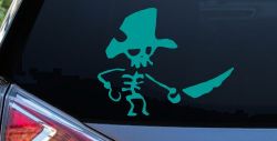 Pirate Skeleton WIth Hook Hand Sword In Front Skulls Car or Truck Window Decal Sticker (Turquoise)
