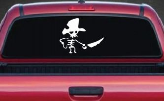 Pirate Skeleton WIth Hook Hand Sword In Front Skulls Car or Truck Window Decal Sticker