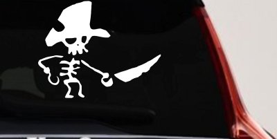 Pirate Skeleton WIth Hook Hand Sword In Front Skulls Car or Truck Window Vinyl Decal Sticker