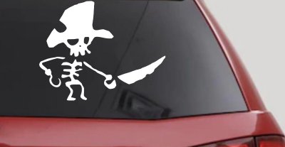 Pirate Skeleton WIth Hook Hand Sword In Front Skulls Car or Truck Window Vinyl Decal Sticker