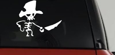 Pirate Skeleton WIth Hook Hand Sword In Front Skulls Car or Truck Window Vinyl Decal Sticker