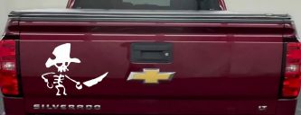 Pirate Skeleton WIth Hook Hand Sword In Front Skulls Car or Truck Window Decal Sticker (White)