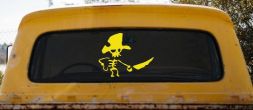 Pirate Skeleton WIth Hook Hand Sword In Front Skulls Car or Truck Window Vinyl Decal Sticker (Yellow)