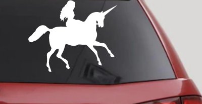 Woman Riding Unicorn Sci Fi Car or Truck Window Vinyl Decal Sticker