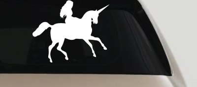 Woman Riding Unicorn Sci Fi Car or Truck Window Vinyl Decal Sticker