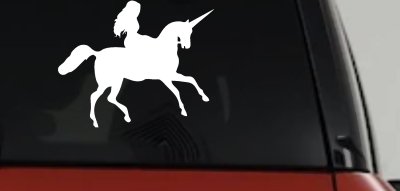 Woman Riding Unicorn Sci Fi Car or Truck Window Vinyl Decal Sticker