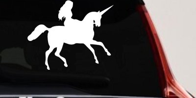 Woman Riding Unicorn Sci Fi Car or Truck Window Vinyl Decal Sticker