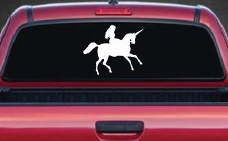 Woman Riding Unicorn Sci Fi Car or Truck Window Decal Sticker